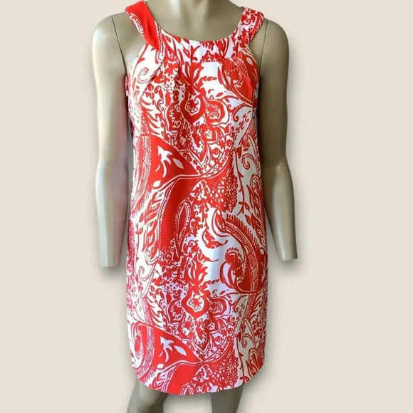 Perceptions New York Paisley Sleeveless Shift Tank Dress Stretchy Size 12 Coral - Picture 1 of 14